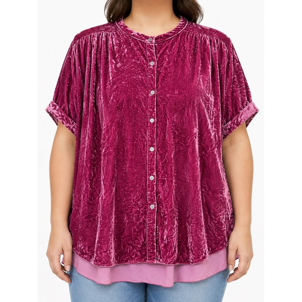 Sundance Womens XL Crushed Velvet Button Front Blouse Top Berry Pink Silk